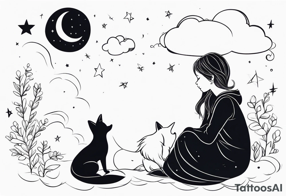little girl with a fox sitting back side by side on a cloud and look at the stars tattoo idea