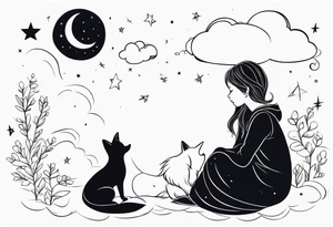 little girl with a fox sitting back side by side on  a cloud and look at the stars tattoo idea