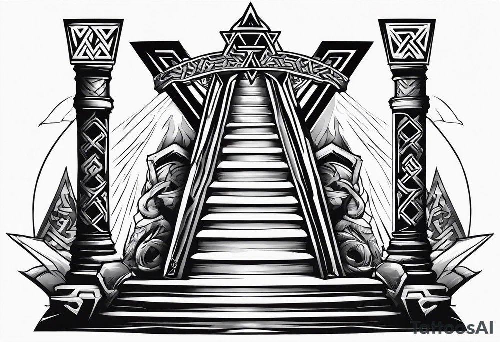 Valhalla  sword shield axe Valknut fog stairs tattoo idea