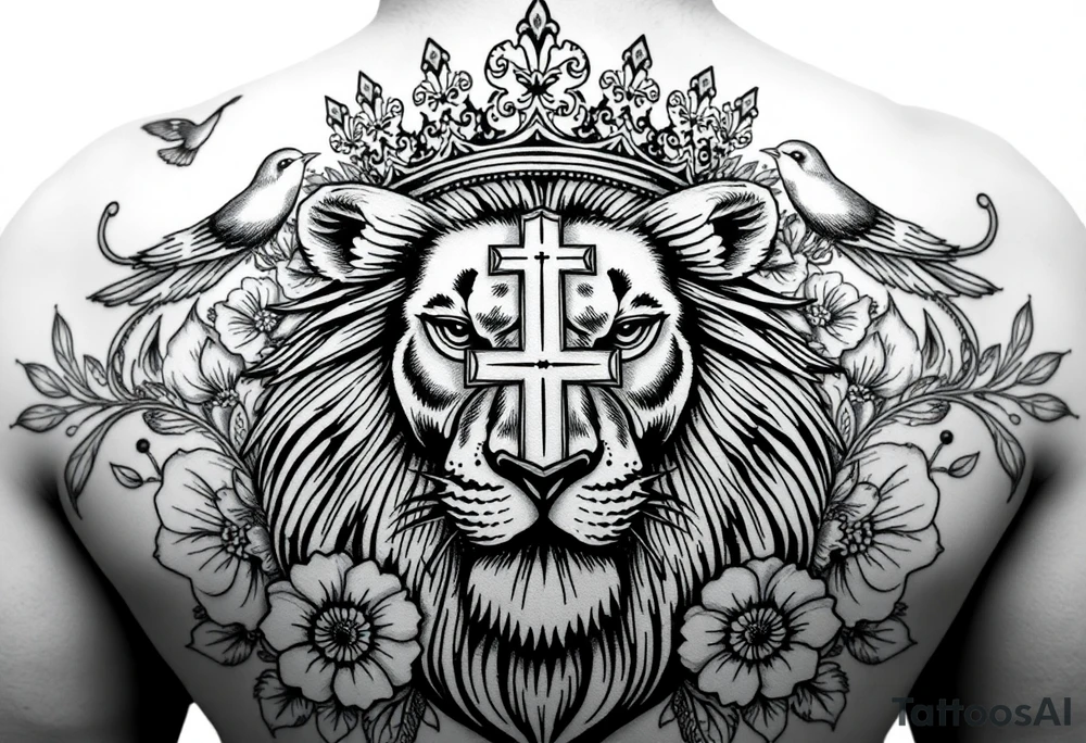 powerful majestic lion with a King crown, surrounded by floral oranaments and birds with a cross brought to backwards to seemingly fit and match. For the cross: the cross must be ion the middle of the crown lion through it's in the background (brounght backwards) but the horintal and vertical points can be seen outside thr crown lion tattoo idea