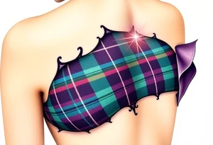 Breasts

Dark Purple with green pink blue and white highlights tartan fabric with skin around edges peeling and wrapping around side of shoulder tattoo idea