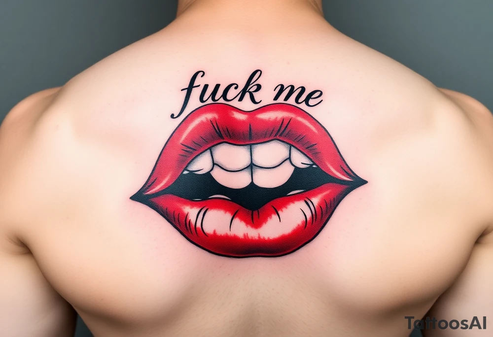 Red lips with fuck me written in the top lip tattoo idea