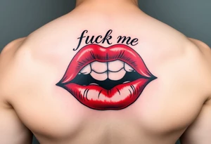 Red lips with fuck me written in the top lip tattoo idea