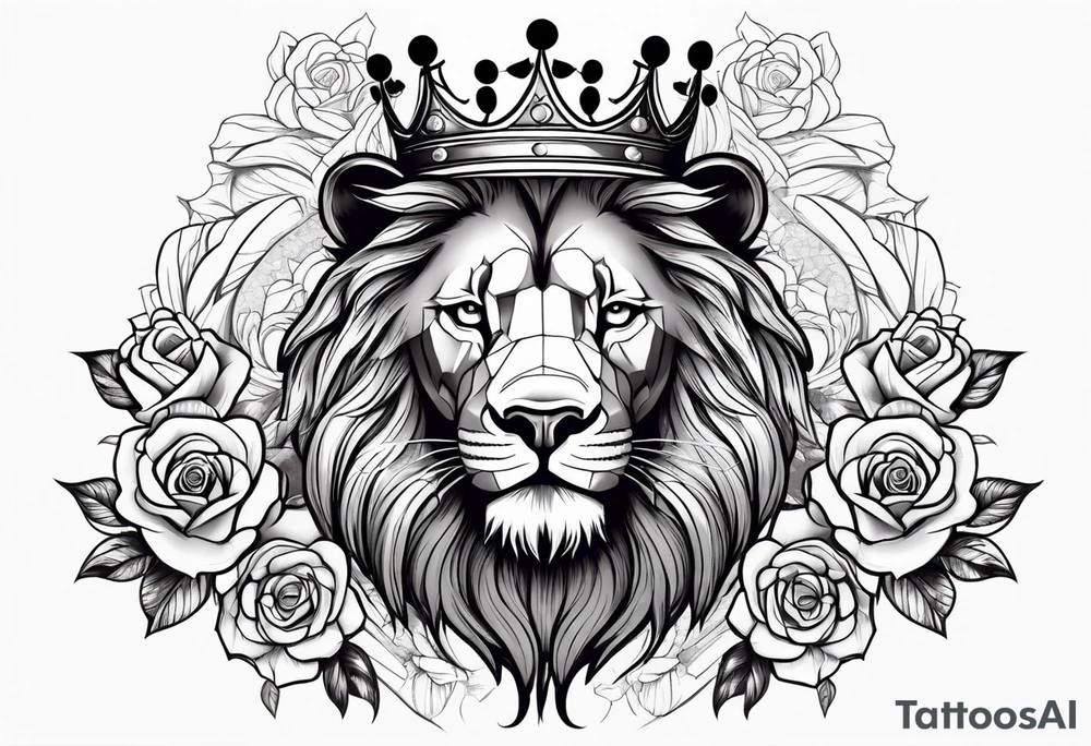 Lion with crown roaring with roses tattoo idea