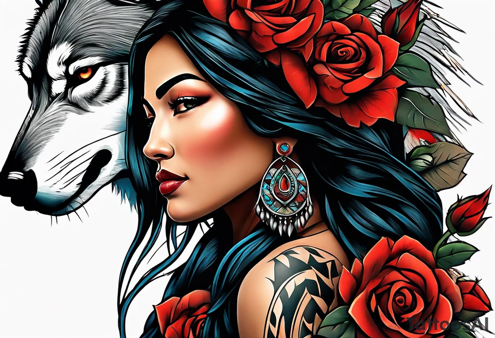 Native American woman wrapped in roses with a wolf tattoo idea
