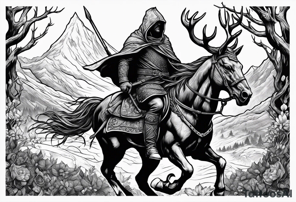 Hooded viking in the land of the dead riding on a stag with no face tattoo idea