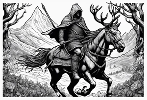 Hooded viking in the land of the dead riding on a stag with no face tattoo idea