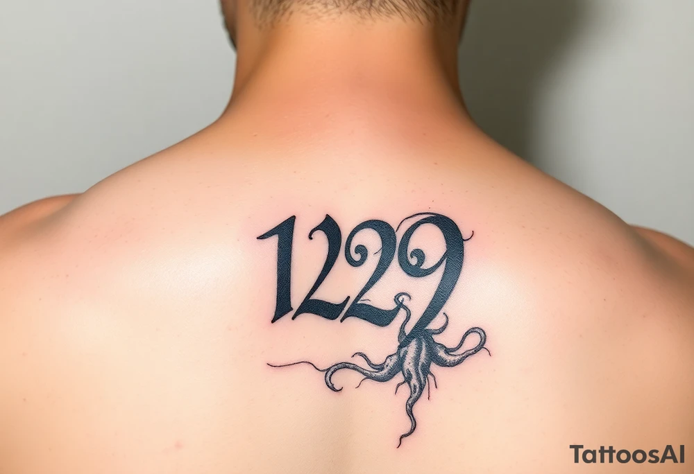 A 10x10 grunge tattoo with the number 129 and something like a fungus tattoo idea