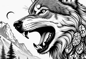 Wolf head in front of snowy mountains howling at a moon that is in a dream catcher tattoo idea