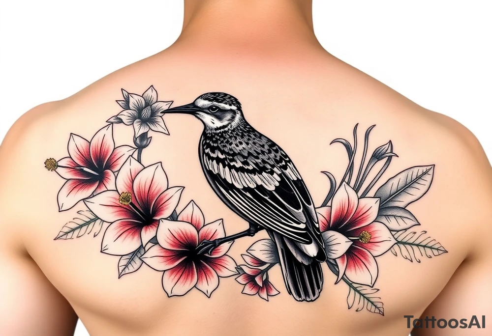 Female pacific golden plover (kolea) bird with heliconia flowers, hibiscus flowers, bird of paradise flowers, beehive ginger, shampoo ginger, red tahitian ginger, surrounded by crown flower lei, puakenikeni lei, and ti leaf lei in color detailed tattoo idea