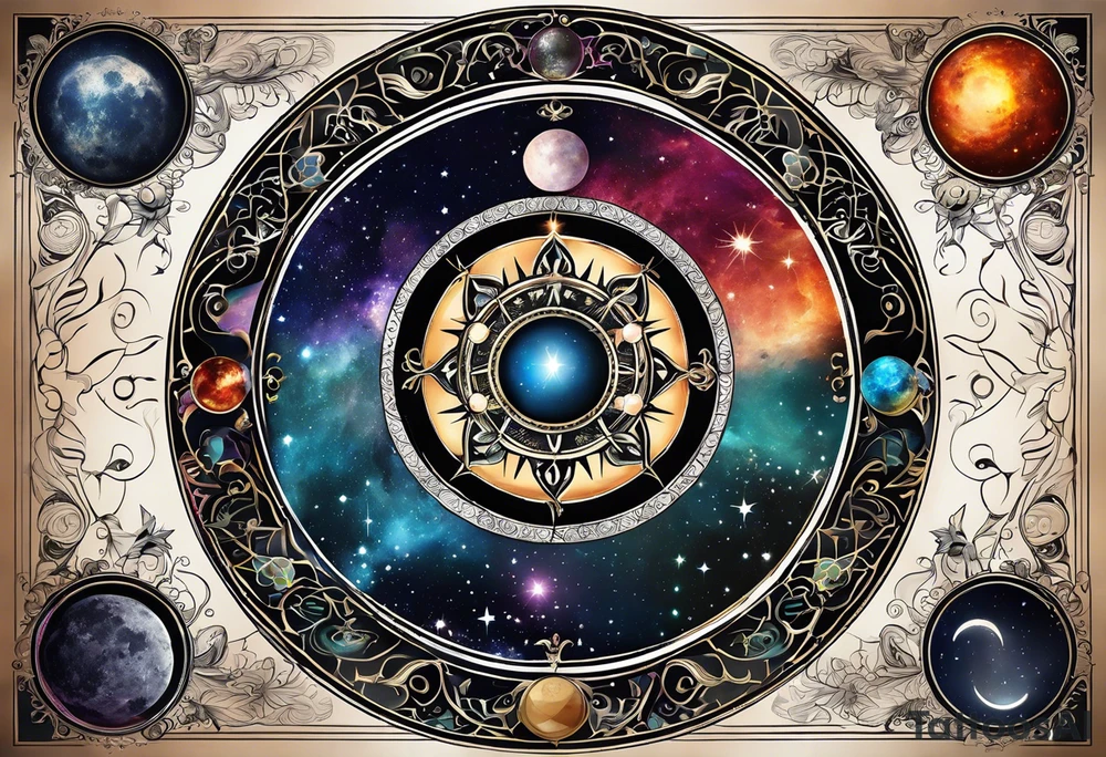Astrology, Cancer, Natal Chart, symbolic, vision, yin yang, the moon, the sun, Uranus, Pluto, spiritual third eye, mystical armband tattoo idea