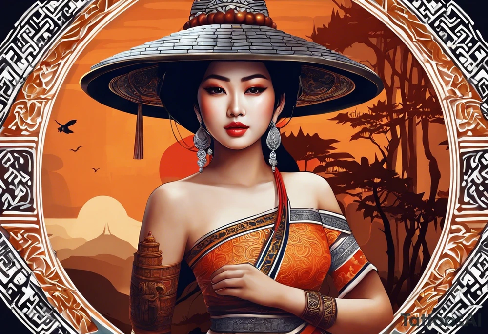 quiero crear una composicion para un tatuaje del antebrazo completo en blanco y negro con pequeños tatuajes de tematica asiatica que incluya una rana con sombrero de vietnam, varios guerreros de terracota y una imagen del templo de camboya ankor tattoo idea
