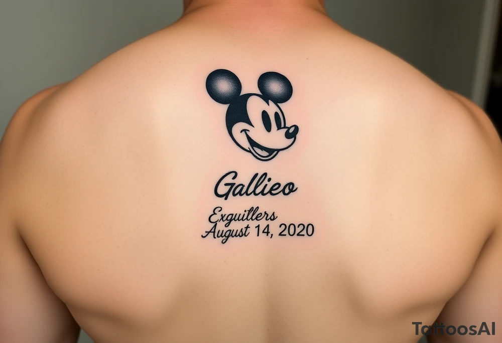 mickey mouse symbol with the name Galileo and the date August 14,2020, incorporated tattoo idea