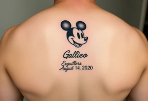 mickey mouse symbol with the name Galileo and the date August 14,2020, incorporated tattoo idea