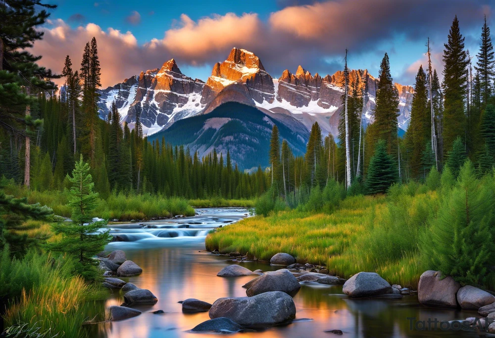 Imagine the majestic Rocky Mountains rising up in the background, their snow-capped peaks reaching towards the sky. Below them, a lush forest of pine trees spreads out, their deep green needles contrasting against the rugged terrain. In the foreground, a winding river flows through the landscape, its clear waters reflecting the colors of the setting sun.

Above, the sky transitions from the warm hues of sunset to the deep blues and purples of nightfall, fading into darkness speckled with stars. Among the stars, you could have a constellation resembling the momentous night you met her, perhaps even adding her zodiac sign for a personal touch.

In elegant script, the words "I knew the moment I saw her" could be woven into the design, perhaps following the contours of the river or nestled within the branches of a tree.

The overall effect would be a breathtaking scene capturing the beauty of Colorado's nature, combined with the sentiment of that special moment when your paths first crossed. tattoo idea