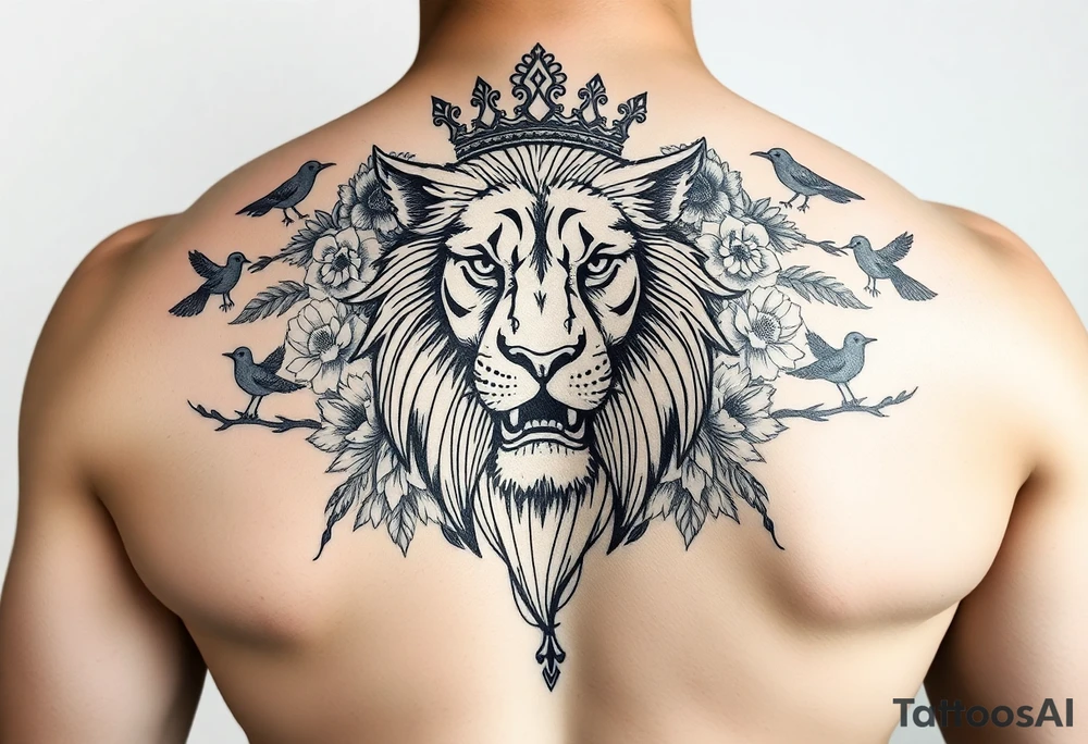 powerful majestic lion with a crown, surrounded by floral ornaments and birds tattoo idea