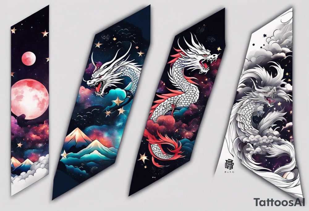 Design a full sleeve tattoo that incorporates a combination of Japanese and geometric themes. Central elements include a fierce dragon intertwined with a katana, symbolizing power and protection, with a samurai warrior standing strong in traditional armor. Surrounding this, integrate a galaxy scene with stars and nebulae, blending into the background to create a cosmic, otherworldly feel. Incorporate geometric patterns like the golden ratio, detailed lines, and precise shapes for structure and flow. Add traditional Japanese waves and delicate sakura blossoms scattered throughout, representing harmony and beauty, all merging into a cohesive design that wraps around the entire arm tattoo idea