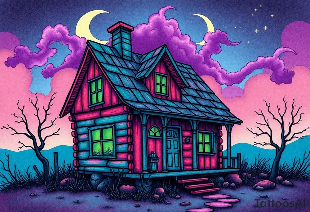 Tim Burton’s haunted pastel wood cabin home is abandoned and dripping with muted reds, dusty pinks, and eerie green glow.purple and cyan smokey clouds swirl in the crescent moonlit sky thats sprinkled with stars tattoo idea tattoo idea