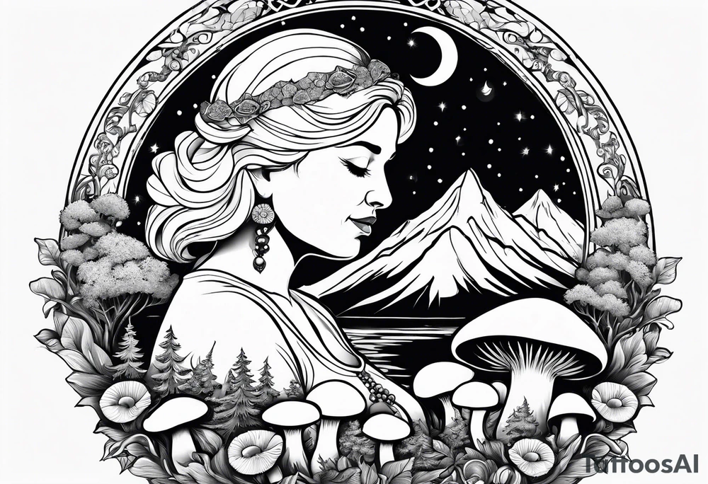 Older blonde fat woman no makeup surrounded by mushrooms mountains crescent moon background tattoo idea