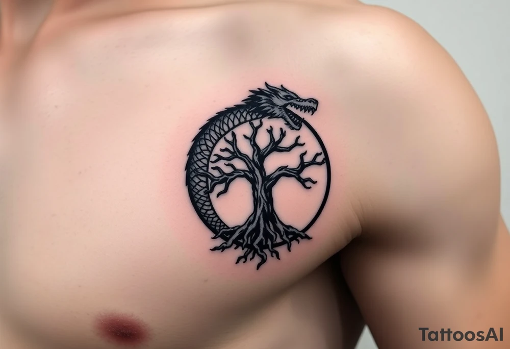 a dragon forming a circle with its body.  the dragon encircles the tree of life.  the dragon is eating the tree. the roots of the tree are strangling the dragon tattoo idea