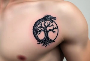 a dragon forming a circle with its body.  the dragon encircles the tree of life.  the dragon is eating the tree. the roots of the tree are strangling the dragon tattoo idea