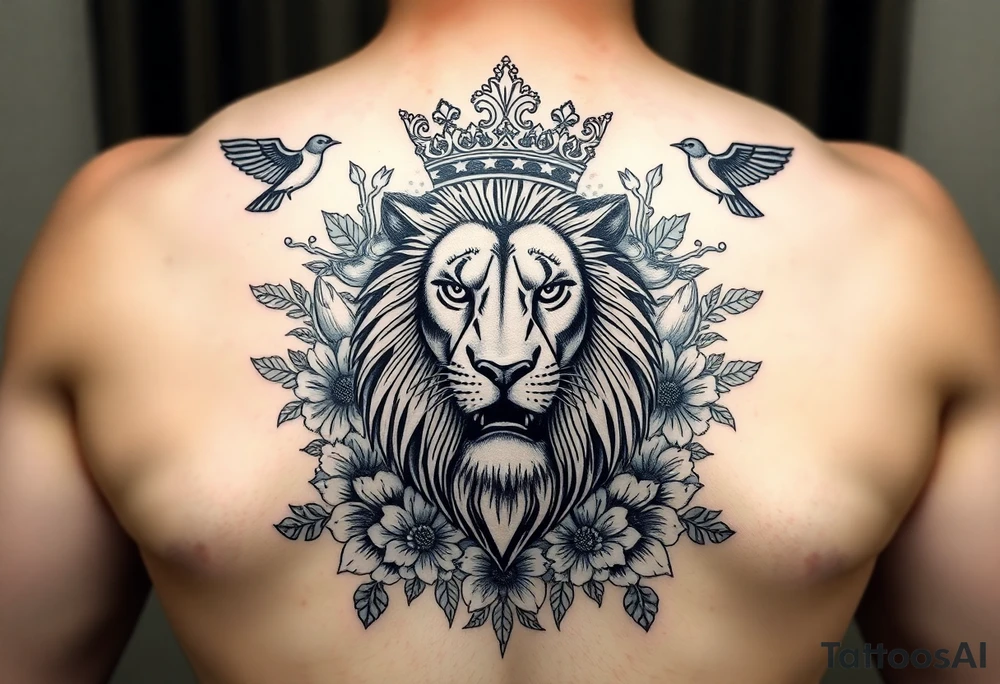 powerful majestic lion with a crown, surrounded by floral ornaments and birds tattoo idea