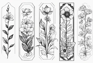 A Fine Line spine tattoo with birth flowers of March April June, August, September tattoo idea