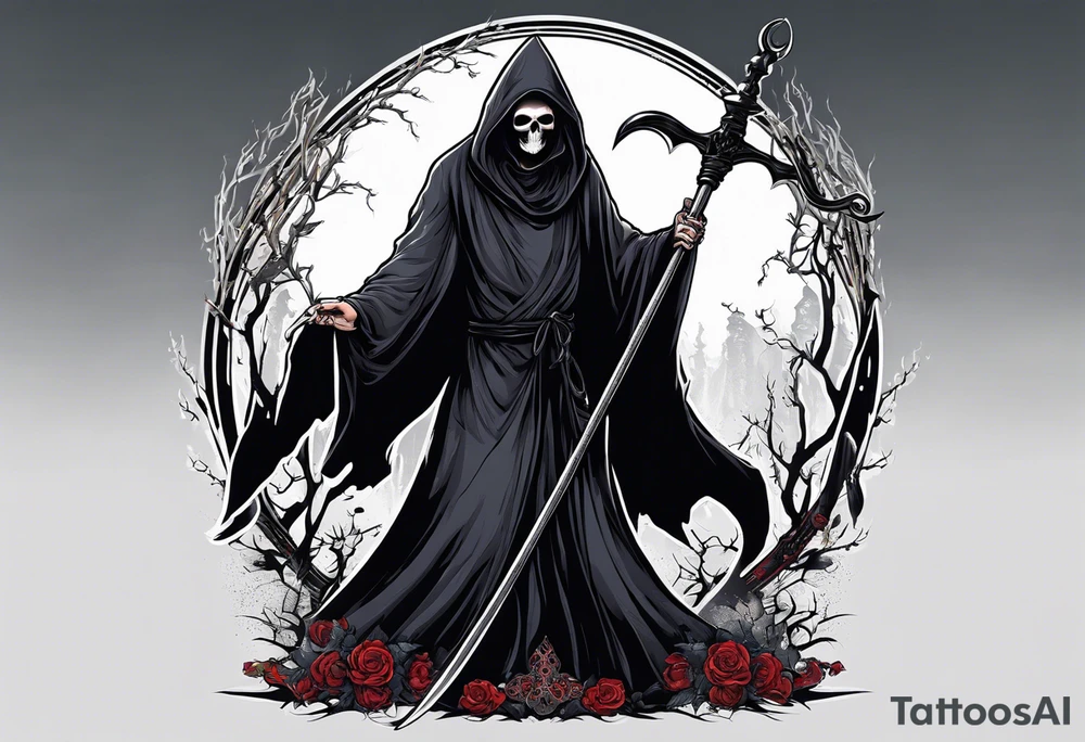A full body grim reaper with his hood completely off, a halo above his head. tattoo idea