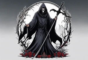 A full body grim reaper with his hood completely off, a halo above his head. tattoo idea