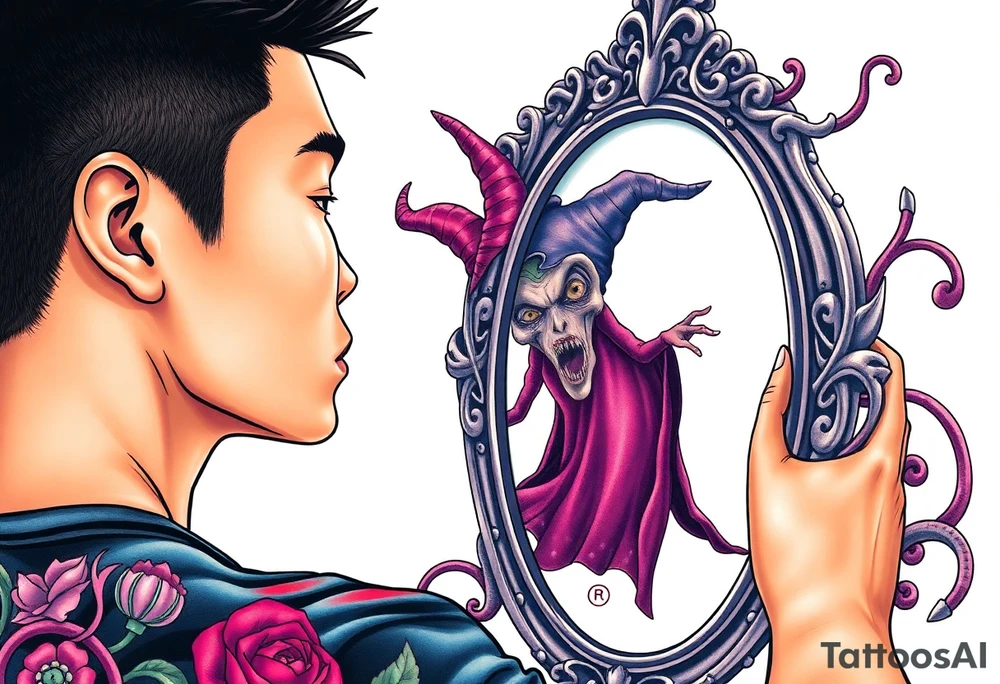 Handsome Asian young guy is looking in cursed mirror and see a witch tattoo idea