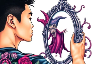 Handsome Asian young guy is looking in cursed mirror and see a witch tattoo idea