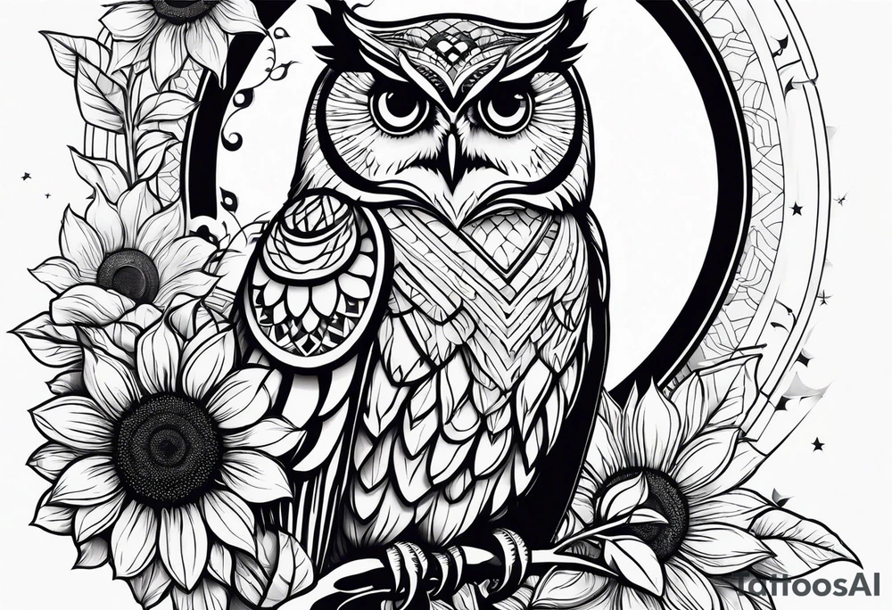 Owl and sunflower sleeve tattoo idea