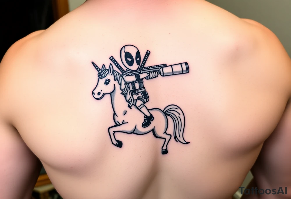 Deadpool riding unicorn pointing rocket propelled grenade launcher tattoo idea