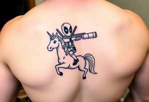 Deadpool riding unicorn pointing rocket propelled grenade launcher tattoo idea