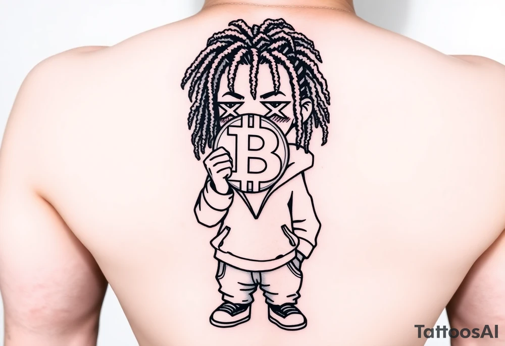 Create a tattoo stencil Use a street-art / pop-art vibe with a cartoon figure with dreadlocs holding a bitcoin to cover his eyes have bold lines, “x” for eyes. make them have on a hoodie and jogger sweatpants have in the background in graffiti letters “Jaruso” tattoo idea
