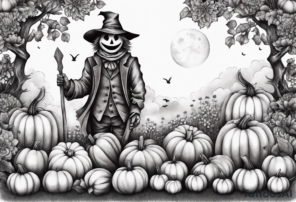 friendly scarecrow with pumpkins and flowers tattoo idea
