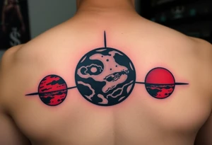 three horizontal planets. Color Black and red with more black tattoo idea