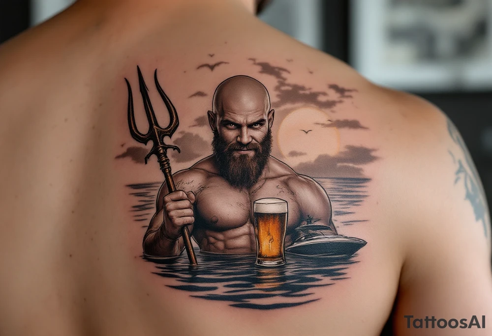 young, happy, fit, bald, poseidon in calm water, holding a trident, drinking a beer, with sunset, with ski boat tattoo idea