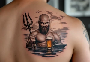 young, happy, fit, bald, poseidon in calm water, holding a trident, drinking a beer, with sunset, with ski boat tattoo idea