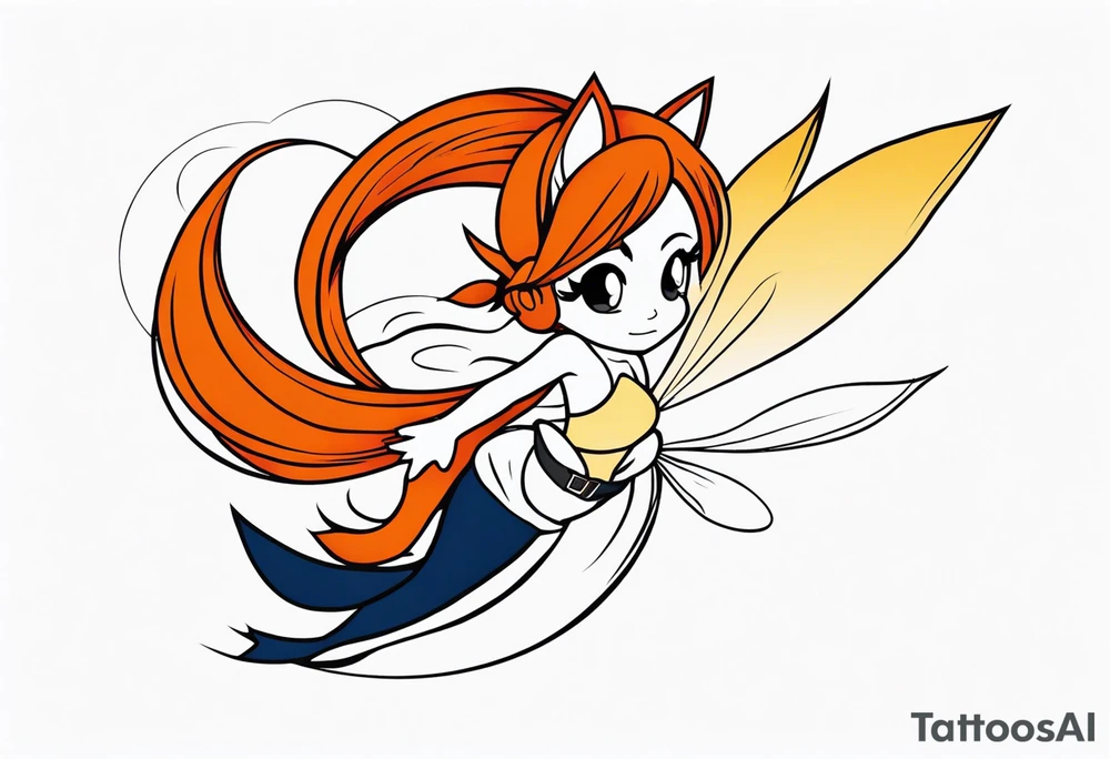 A fairy with a tail inspired by the logo of the show called Fairy Tail in a fetal position leaning in tattoo idea