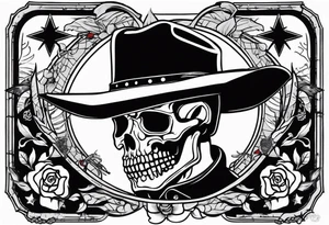 arm tattoo with a western background that has a horseman, skelleton in the middle with a revolver and red dead redemtion hat tattoo idea