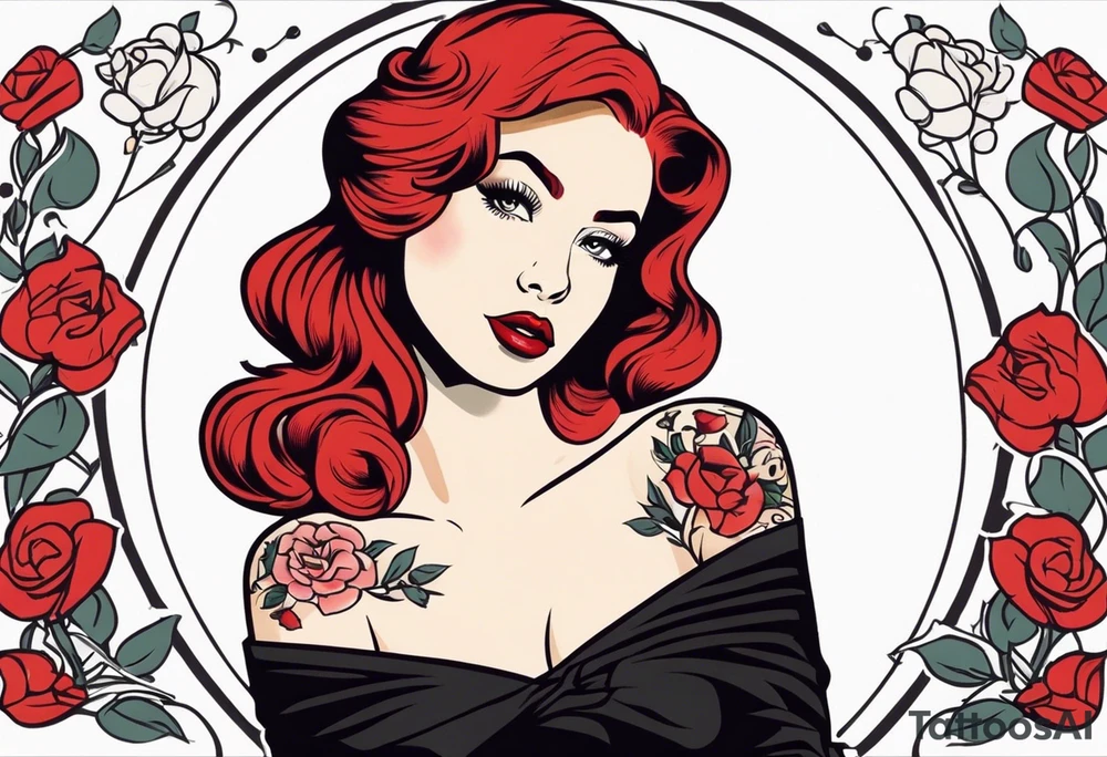 red head pin up girl wearing a black dress sitting in a sexy pose with a banner and flowers winding around her that says doll face tattoo idea