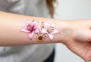 stargazer lillies in pink and white with small sunflowers and poppies in a dainty wildflower bouquet with stems tattoo idea