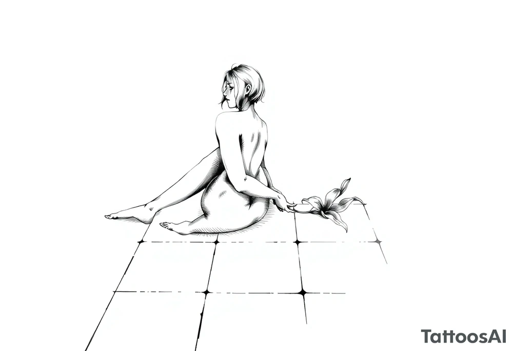 A simple tile floor with a minimalist curled figure sitting on the floor with a lily next to her tattoo idea