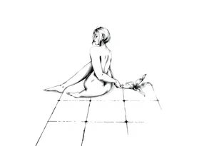 A simple tile floor with a minimalist curled figure sitting on the floor with a lily next to her tattoo idea