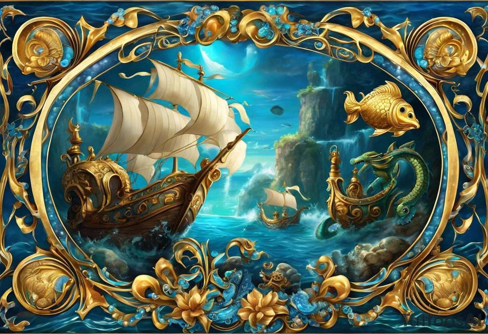 the tatto will be large in the middle there are sea horses guiding neptunes chariot they are the mythical beast castor and phalox, on the upper right is a blue nose and a rock sourrounded by water, on the upper left is a turtle with a golden shell and on the bottom is a ribbon with a sparrow on each side holding it up tattoo idea