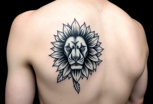 sunflower or multiple sunflowers and lion head on a woman upper arm tattoo idea