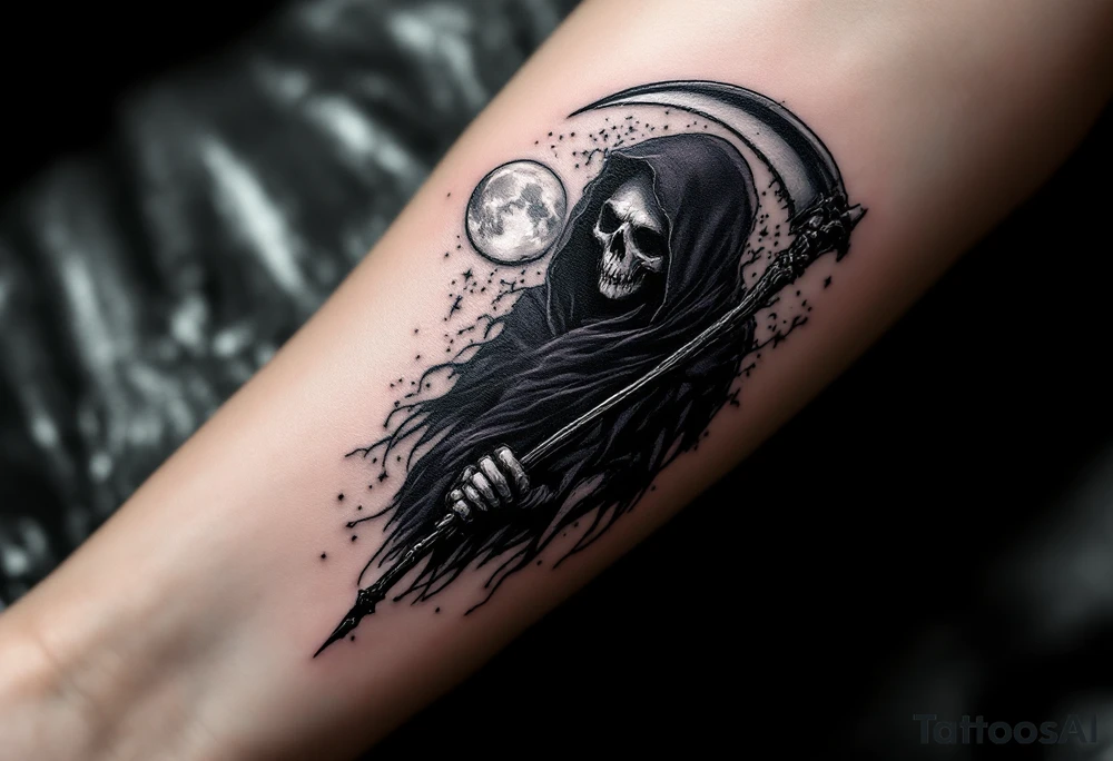 A shadowy Reaper cloaked in deep maroon, with a scythe blade reflecting a full moon in shimmering silver tones. tattoo idea