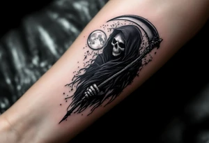 A shadowy Reaper cloaked in deep maroon, with a scythe blade reflecting a full moon in shimmering silver tones. tattoo idea