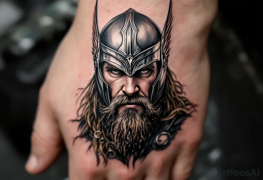 A portrait of Thor wearing a detailed winged helmet, his beard braided with small metallic rings, in hyper-realism with silver and dark brown tones. tattoo idea